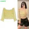 Summer Yellow Cute Polka Dot Tulle Crop Top Women See Through Ruffle Blouses Woman Long Sleeve Off Shoulder Tunic Ladies Tops 210430