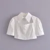 Femmes mode solide simple boutonnage coton haut court col rabattu élégant plissé chemise courte été à manches courtes vêtements d'extérieur 210521