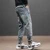 Koreanska stil mode män jeans retro blå lös passform denim harem byxor högkvalitativa streetwear vintage designer wide ben byxor