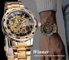 Winner Golden Watches Classic Rhinestone Clock Roman Analog Male Skeleton Clocks Mechanical Stainless Steel Band Luminous Watch