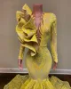 2022 Yellow Lace Sequins Mermaid Prom Party Dresses Sheer Neck Long Sleeves Plus Size Formal Evening Occasion Gowns Vestidos De Novia EE