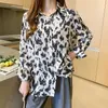 Leopard vintage kvinna skjorta höstlös långärmad kvinna blus streetwear print koreanska kläder kontor lady blusas 10543 210527