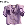 Коробовский корейский сладкий Питер Pan воротник женские блузки старинные с коротким рукавом одиночные груди женские рубашки летние фиолетовый Blusas Mujer 210430