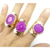 Großer Goldrand Vintage Retro blau lila Geode Kristall Blume Achate Steinscheibe verstellbar offen gehämmert Manschette für Frau Mann Ring