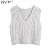 Zevity mujeres Vintage cuello en V Twist Crochet Casual tejer chaleco sin mangas suéter señora Chic chaleco pulóveres Jumper Tops S687 210603