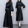 Spring Black Vintage Mode Dames Lange Jurken Lantaarn Mouw Stand Kraag Belted Splakken Jurk Koreaans Elegant Vestidos 210513