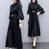 Printemps noir Vintage mode femmes longues robes lanterne manches col montant ceinturé robe de fractionnement coréen élégant Vestidos 210513