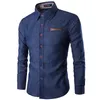 Mäns Casual Shirts Denim Shirt Solid Färg Långärmad Slim Fit Button Down Tops Male Luxury Formal Spring Fall