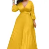 Kadın Şifon Pileli Elbise Yüksek Bel Kat Uzunluk Uzun Kollu Derin V Boyun Sarı Zarif Akşam Parti Gece Elbiseleri için 210510