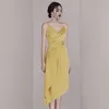 Femmes jaune Spaghetti sangle longue robe piste Designer été volants irrégulière fête Sexy mince col en V 210519