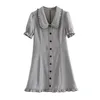 Noir Blanc Pied-de-poule Volant Turn-Dwon Col Simple-Breasting Manches Courtes Mini Robe Printemps Élégant D1013 210514