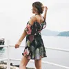 Off Shoulder Ruffles Print Chiffon Mini Dress Women Strap Butterfly Sleeve Baklösa Sexig Sommar Strand Klänning Plus Storlek Vestidos 210507