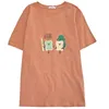 Kimutomo T-shirt stile giapponese Donna Cartoon Stampa lettera O-Collo Manica corta Top semplici Moda estiva allentata 210521