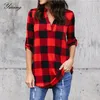 YMING Boho Femmes Blouse Chemises À Carreaux À Manches Longues Dames Tops Turn Down Col Blanc Blusas Mode Tunique Chemises Femme Vêtements 220311