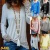 Kobiety T-shirt Ruffles Lace V-Neck Z Długim Rękawem Luźne Kobiece Topy Wiosna Jesień Eleganckie Ladies Casual Classic Odzież 210522