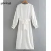 Fashion Autumn Dress Women With Belt Midi Female V Neck Long Sleeve Sexy Slits Flowy A-line White Elegant vestido 210514