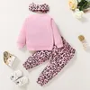 Crianças roupas de primavera 1824 meses roupas da menina do bebê rosa papai diz sem namoro topo calças leopardo com bandana conjuntos roupas 4663464