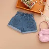 女の子の夏のショートパンツ子供の弾性ウエストデニムパンツの赤ちゃんの女の子10代の綿の緩い青いジーンズの女の子の服210622