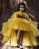 2021 Yellow Hi-Lo Kwiat Girl Dresses Ball Suknia Tulle Tiers Liltle Kids Birthday Pageant Weddding Suknie ZJ001