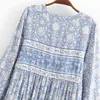 bellezza Boho Abito lungo con stampa floreale bianca blu Abiti da donna a maniche lunghe stile spiaggia da donna 210514