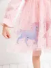 Vestito in rete con maniche a balze con stampa unicorno per bambine SHE