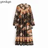 Holiday Robe d'été Femmes Vintage Floral Print Robe longue Femme V cou à manches longues Casual Boho Vestido Plus Taille 210515