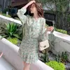 Women Casual Spring And Summer Chiffon Floral Long Dress Pleated Waist Ruffled V-neck Long Sleeves Vintage Prom Dress 210515