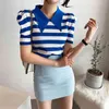 Sommer Koreanische gestreifte Gestrickte Pullover Pullover Frauen Kurzarm Turn-Down-Kragen Slim Tops Casual Mode Damen Jumper 210514