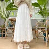 Spets kjolar våren höst koreansk söt söt stil A-line svart vit långa kvinnliga elastiska höga midja bottnar 210621