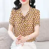 Coréen en mousseline de soie femmes chemise chemisier pour femmes à manches courtes Plaid femme haut col en v Frenulum femme 210427