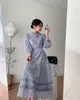 Hight Quality Fashion Elegant Runway Crochet Lace Dress Women's Long Lantern Sleeve Stand Collar A Line Dress vestidos 210514