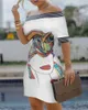 European and American Casual Dresses One-word Shoulder Digital Print Trim Sexy Pencil Skirt Girl