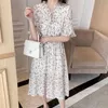 Women Retro Printed Dresses Short Sleeve Summer Freach Floral Pleated Female Bow Collar Chiffon Fashion 210423