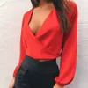 Sexy V Neck Wrap Sheath Exposed Navel Short Top Bow Tie Autumn Shirts Chiffon Women Blouses Backless Red White Crop Tops 210522