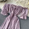 Chic Sexy Bandeau Lace Up Long Holiday Dress High Paist Hip Split Projekt linii Vestido Puff Krótki Rękaw Purpurowy Ropa 210422