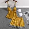 Summer Lace Sexy Ice Pyjamas kostym Kvinnors Suspender Shorts Två Piece Set med Tunn Bra Silk Koreansk version Q0706