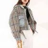 [EAM] Tweed Denim Plaid Short Cotton-padded Coat Long Sleeve Loose Fit Women Parkas Fashion Autumn Winter 2022 1Z82205 211130