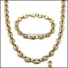 Earrings & Necklace Jewelry Sets 2021 Wide Brand Gold Tone Stainless Steel Coffee Bean Link Chain Bracelet Set Drop Delivery Jgr8W