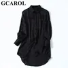 GCAROL Camicetta lunga asimmetrica nera da donna 30% cotone Casual High Street Oversize Girlsbottoming Shirt Chic Tops 210326