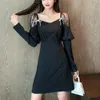 Kimutomo Elegante Abito Sexy Donna Colletto Quadrato Vita Sottile Off Spalla Manica Lunga Vestito da Partito Vestido Feminino Corea Chic 210521