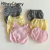 Summer Plaid Short Sleeve Suit Fly Shirt Lantern Shorts Baby Girl Clothes 210515