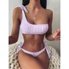 Hoge taille bikini gestreepte enkele schouderriem vrouwelijke badpak vrouwen badmode twee-stukken bikini set bather badpak dame 210515