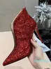2021Women vaca couro de salto alto botas de salto curto moda glitter vestido vermelho sapato de casamento bombas de pele de ovelha botas de tornozelo de inverno, 35-42