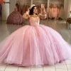 2022 Różowy Glitter Quinceanera Prom Dresses Z Długim Rękawem 3D Kwiat Słodki 16 Dress Księżniczka Kryształ Quinceanera Suknie WJY591