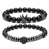 Herr 8mm svart matt onyxarmband med Crown King Charm Skull Head Black Agate med Hematite Spacer Armband Set