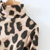 Summer Women Fashion Sexy Leopard Hollow Back T-shirt Female High Neck And Long Sleeves Chic Top 210520