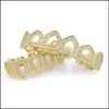 Grillz, Körperschmuck Jewelrymens Hip Hop Grillz 2-teiliges Set Luxus Bling Zirkon Zahnspangen Mode 18 Karat Gold rhodiniert geometrische Hollo