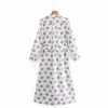 Spring Women Flower Printing V Neck Sashes Midi Dress Female Three Quarter Sleeve Clothes Casual Lady Loose Vestido D7353 210430