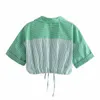 VUWWYV Green Contrast Striped Poplin Shirts Women Summer Short Sleeve Button Up Woman Shirt Casual Elastic Hem Crop Tops 210430