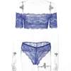 Ensemble de soutien-gorge de nuit sous-vêtements féminins mignon broderie Lingerie ensemble haut à épaules dénudées + Shorts maille transparente Sexy pyjamas costume Q0706